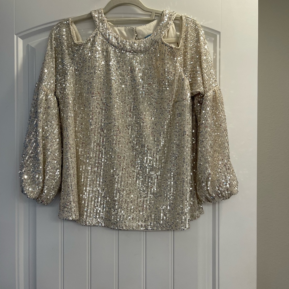 NWOT! CeCe Sequined Cold Shoulder Blouse white silver champagne size large - Picture 7 of 7